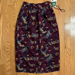 Flora Kung Vintage 100% Silk Midi Skirt Floral Size 6 High Rise Plum Gold Blue